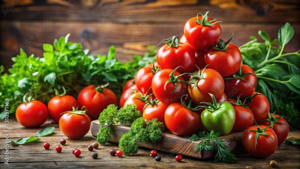 Fresh red tomatoes stacked in a pile on a wooden table, surrounded by fresh herbs and greenery, seasonal, ripe, seasonal, ripe Fresh red tomatoes stacked in a pile on a wooden table, surrounded by fresh herbs and greenery, seasonal, ripe, seasonal, ripe