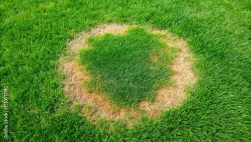 Overgrown green lawn with a large dead spot in the center caused by fungal disease , dead spot