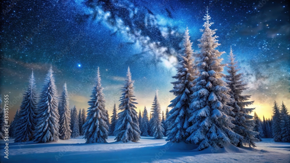 Frosty fir trees stand tall against a starry sky on a snow-covered forest floor, forest, frosty