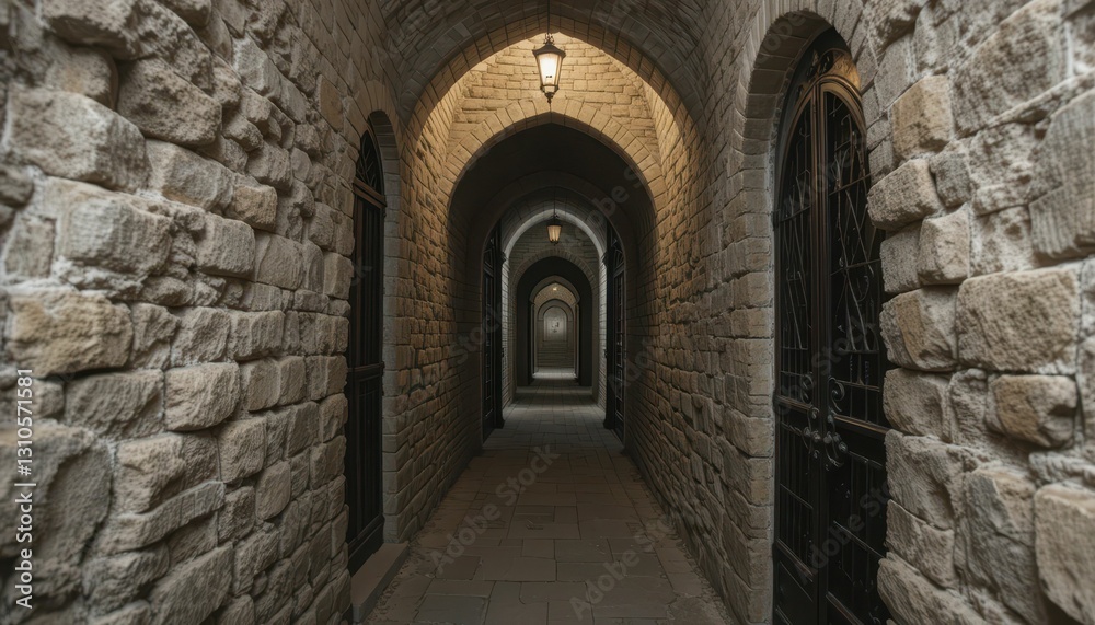 Ancient Stone Corridor with Arched Ceilings and Warm Lighting Ancient Stone Corridor with Arched Ceilings and Warm Lighting