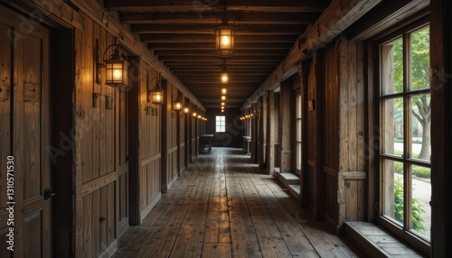 Rustic Wooden Corridor with Warm Lantern Light and Large Windows