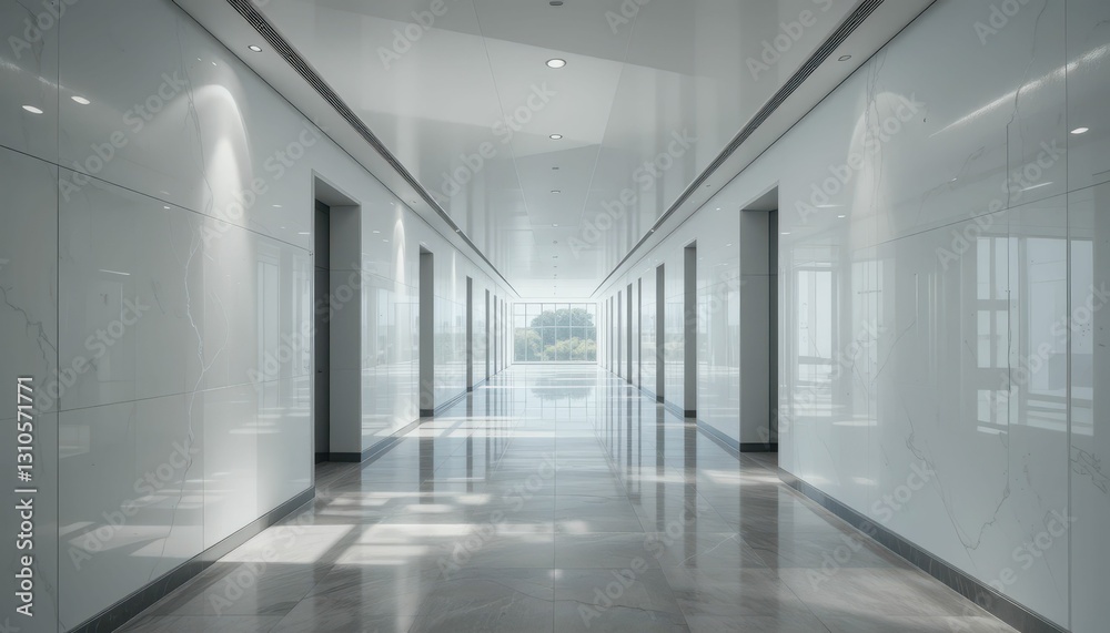 Bright and Modern Corridor with Reflective Surfaces and Windows Bright and Modern Corridor with Reflective Surfaces and Windows