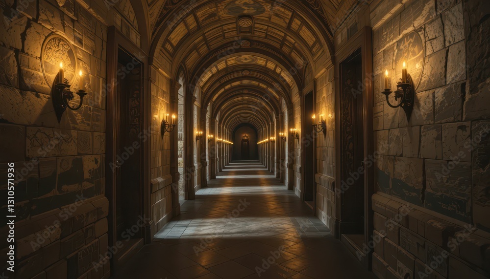 Fototapeta premium Enchanting Long Corridor with Wall Sconces and Warm Lighting