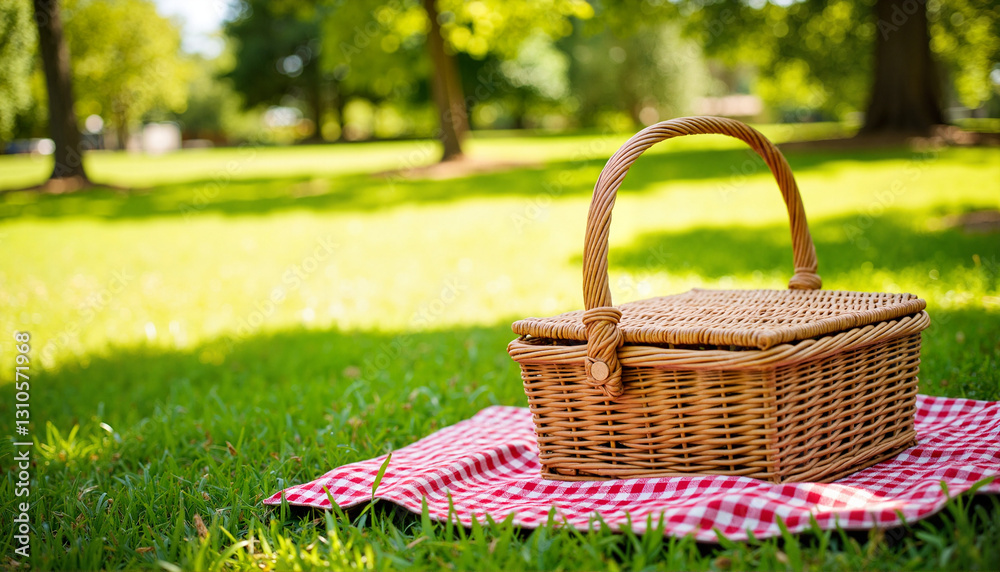 Wicker picnic basket on red checkered blanket in sunny park, outdoor leisure Wicker picnic basket on red checkered blanket in sunny park, outdoor leisure