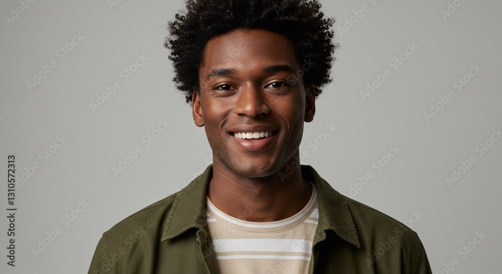 Obraz premium Waist-up studio portrait of a young male model looking into the camera with a cheerful expression. He is wearing a T-shirt and an overshirt.