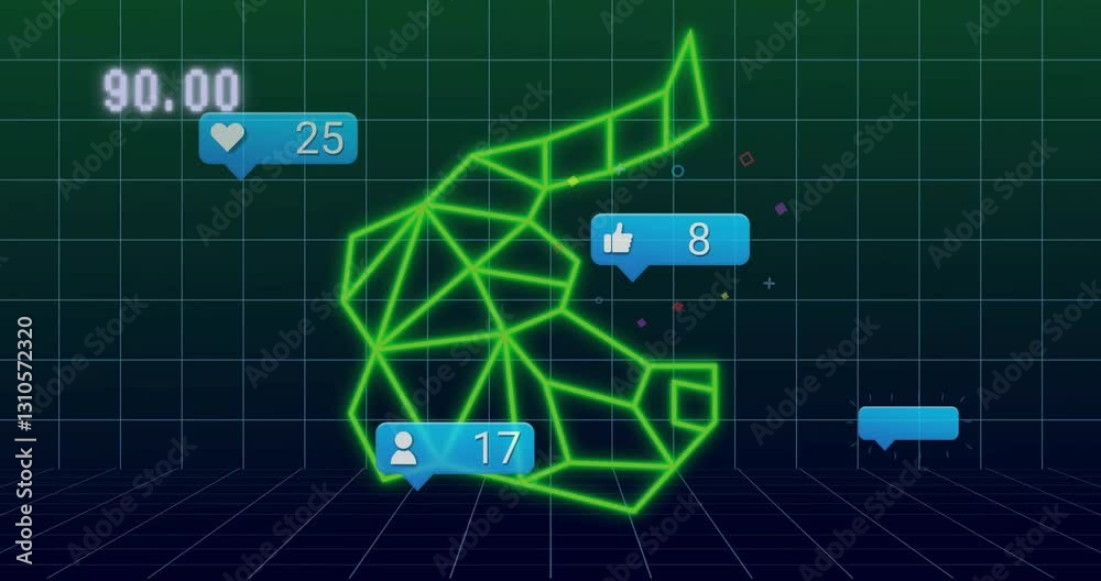 Animation of geometric neon shapes on digital grid with social media notifications Animation of geometric neon shapes on digital grid with social media notifications