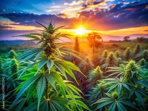 Long Exposure Photography of Lush Hemp and CBD Marijuana Plants at Sunset