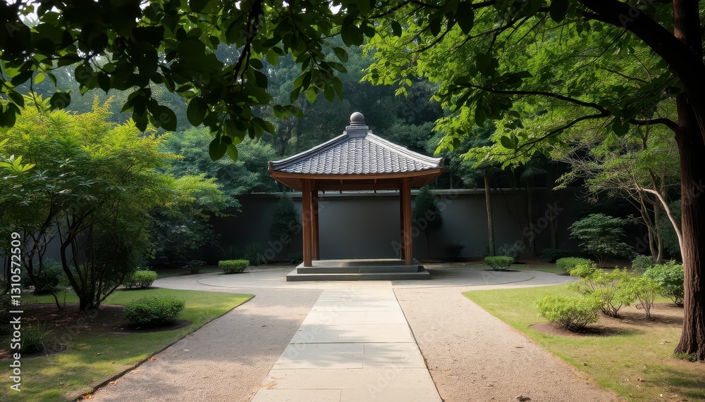 Tranquil Asian Garden with Traditional Pavilion Surrounded by Greenery Tranquil Asian Garden with Traditional Pavilion Surrounded by Greenery