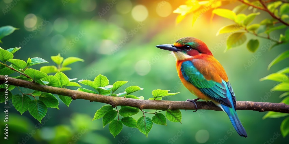 Obraz premium Vibrant bird perched on a lush green tree branch with intricate foliage and subtle texture details, serene scene