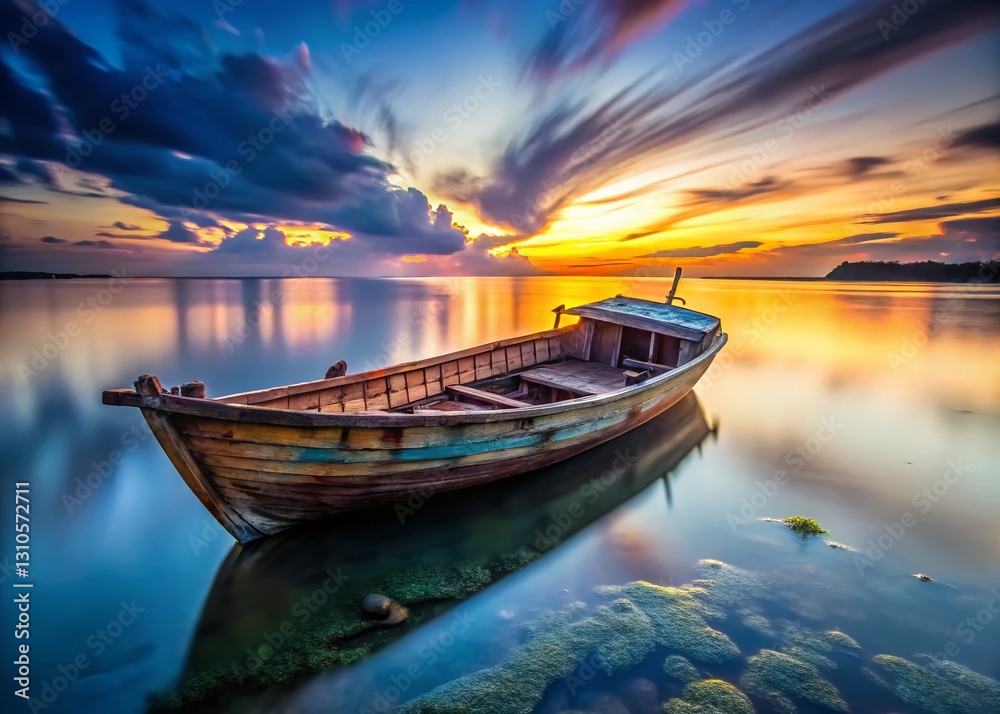 Fototapeta premium Long Exposure Photography: Weathered Wooden Boat at Dusk - Artistic Image