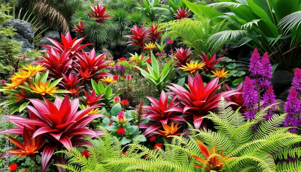 Vibrant Tropical Garden Displaying Colorful Leafy Plants and Flowers Vibrant Tropical Garden Displaying Colorful Leafy Plants and Flowers