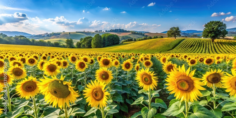 Obraz premium Campo di girasoli in piena coltivazione con piante alte e verde, sole e cielo azzurro, un paesaggio tipicamente italiano