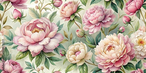 Delicate, hand-painted peonies in various stages of bloom create a soft, romantic seamless floral pattern with intricate details and textures , garden decor, floral texture