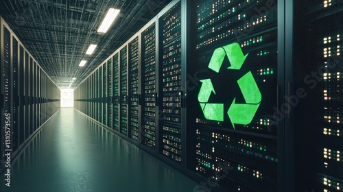 A modern server room featuring energy-efficient design and eco-friendly recycling symbol.