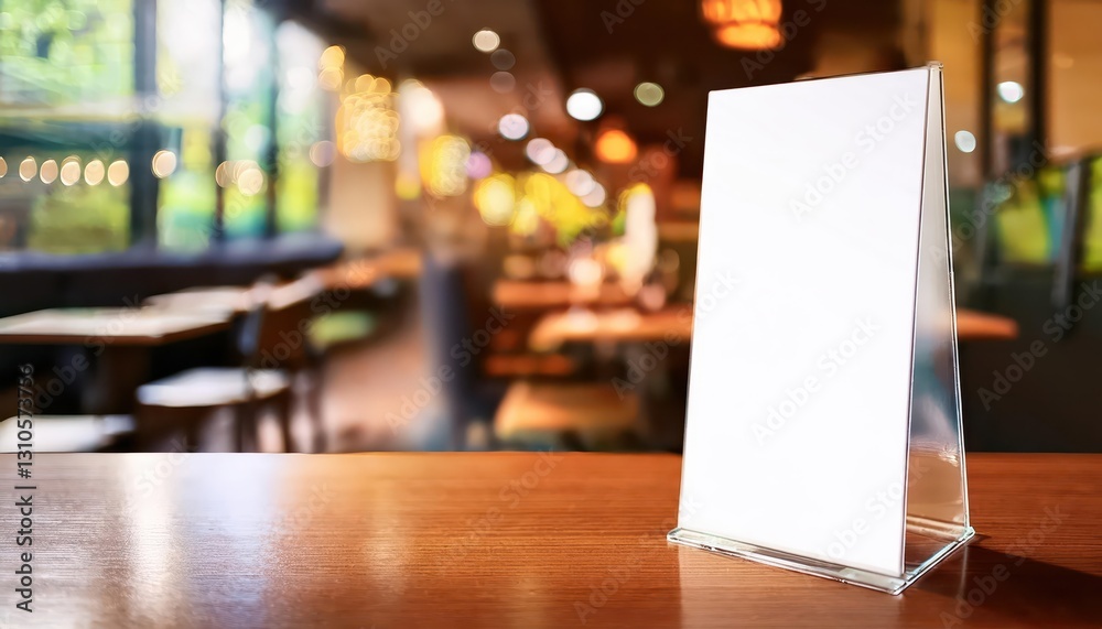 White Label Display Stand for Acrylic Tent Card in a Cozy Coffee Shop, Showcasing Clean Lines and Translucent White against Rich Brown Tones, Adding an Elegant Touch to the Minimalist Interior. White Label Display Stand for Acrylic Tent Card in a Cozy Coffee Shop, Showcasing Clean Lines and Translucent White against Rich Brown Tones, Adding an Elegant Touch to the Minimalist Interior.