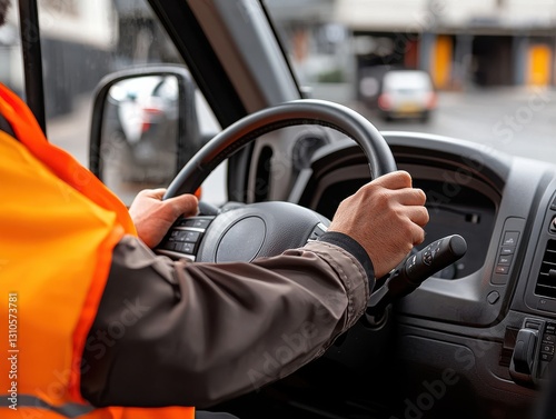A person driving a vehicle while wearing a safety vest, focused on the road ahead.