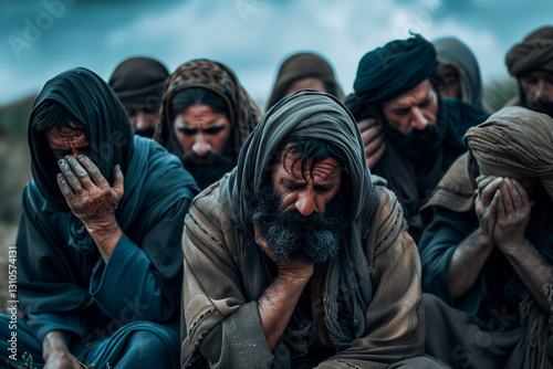 Apostles in Mourning Praying in Silence as They Grieve the Death of Jesus Christ on Holy Saturday During Easter