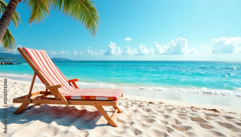 Striped chaise lounges on sandy beach, ocean view , furniture, shore Striped chaise lounges on sandy beach, ocean view , furniture, shore
