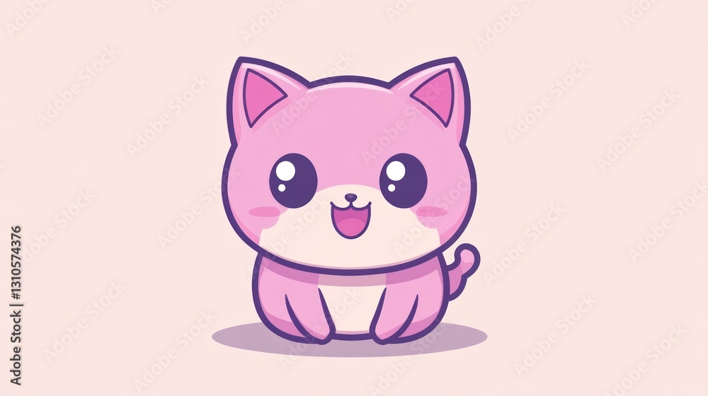 A cheerful pink cartoon cat sits with a happy expression A cheerful pink cartoon cat sits with a happy expression