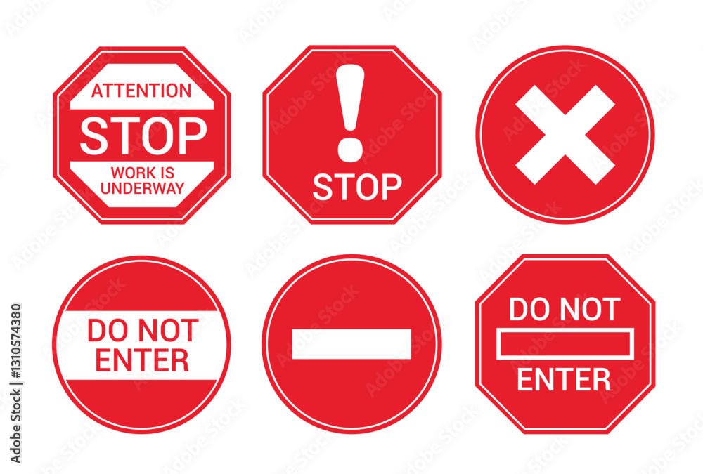 Stop red sign icon clipart set. Road warning signages clip art collection like do not enter, under construction, under maintenance, no entry and dangerous stop sign for safety and security vector Stop red sign icon clipart set. Road warning signages clip art collection like do not enter, under construction, under maintenance, no entry and dangerous stop sign for safety and security vector