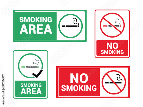 No smoking sign icon clipart set. Smoking area and no smoking warning signboard clip art for health awareness, advertising and information signages collection vector illustration.
