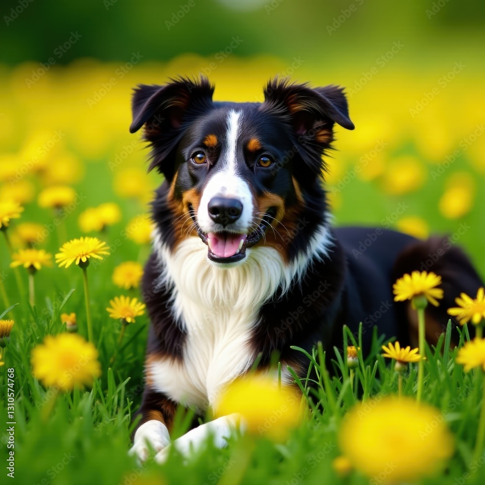 Border collie amidst vibrant yellow dandelions, relaxing on green grass , pet portrait, dandelions, canine Border collie amidst vibrant yellow dandelions, relaxing on green grass , pet portrait, dandelions, canine
