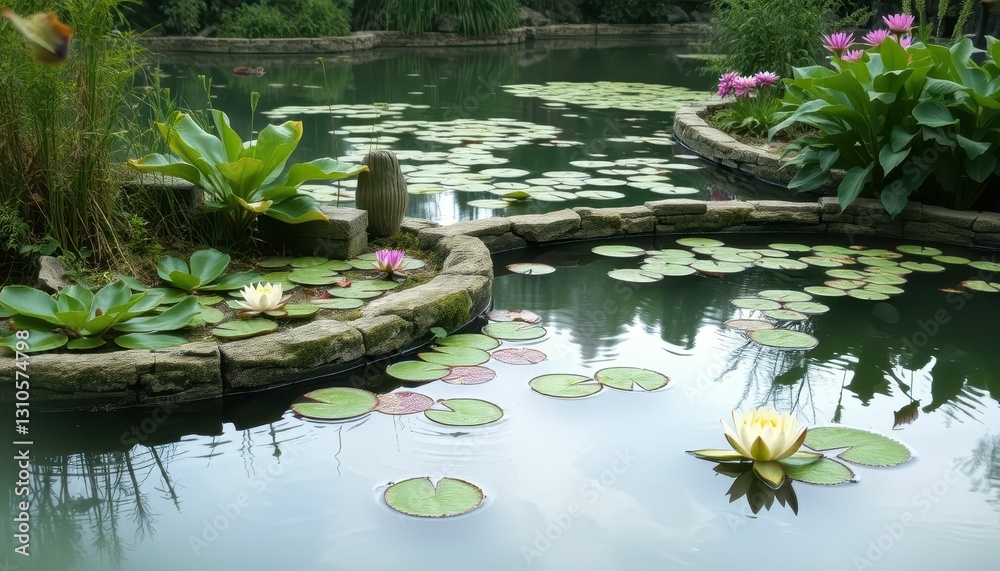 Tranquil Water Garden with Lush Lilypads and Colorful Flowers Tranquil Water Garden with Lush Lilypads and Colorful Flowers