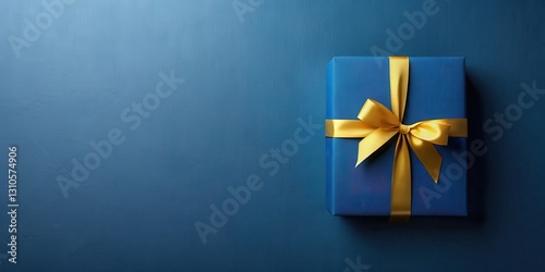 Box on elegant blue matte wall with yellow ribbon, presentation box, interior design