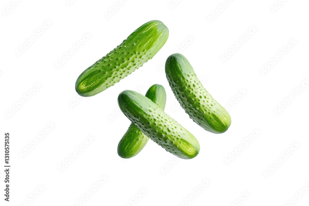 Three cucumbers are shown in the air, with one of them being the largest, isolated