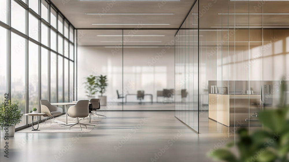 Fototapeta premium Modern Glass Office Space with Blurred Background and Clean Lines
