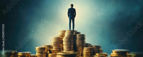 Success and Wealth: A Man Stands on a Pile of Gold Coins