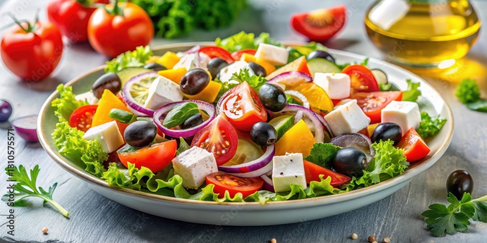 A colorful Greek salad with a variety of fresh vegetables, feta cheese, and a drizzle of olive oil A colorful Greek salad with a variety of fresh vegetables, feta cheese, and a drizzle of olive oil