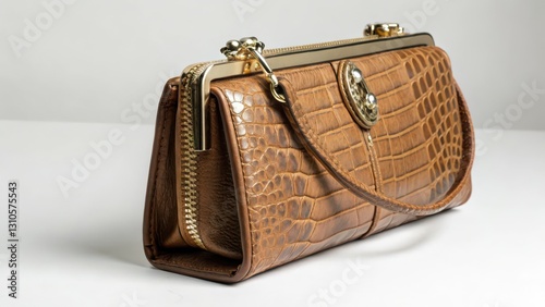Brown Crocodile-Embossed Handbag on White Background