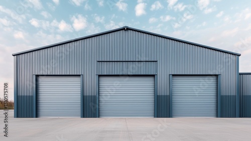 A sleek  modern storage building with three large garage doors under a clear blue sky.