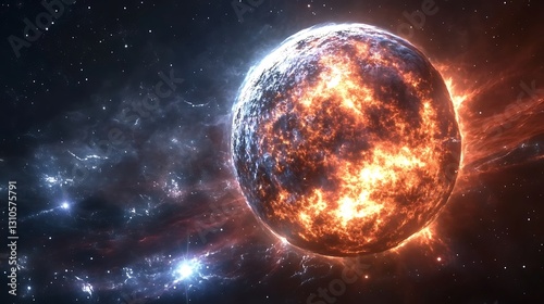 Unveiling mesmerizing spectacle of a celestial body being struck by a celestial crater  this awe-inspiring portrayal delves into extraordinary geology  cosmic forces  and ethereal magnificence conceal