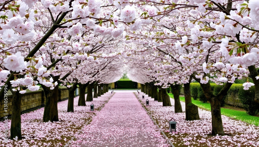 Serene Pathway Flanked by Stunning Cherry Blossom Trees in Spring Serene Pathway Flanked by Stunning Cherry Blossom Trees in Spring