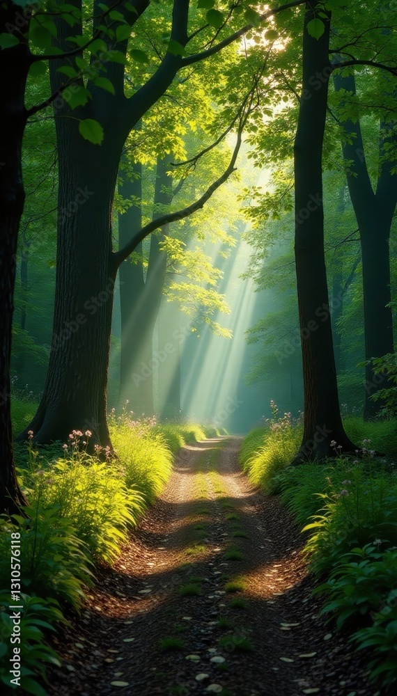 Fototapeta premium Sun-dappled forest road winds through ancient trees , magical, beautiful, lane