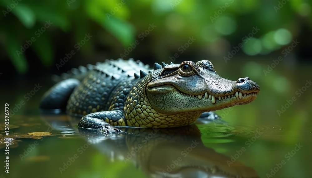 Fototapeta premium American alligator in Avery Island's jungle-like environment, tropical, camouflage, trees