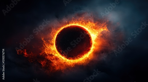 Fiery orb engulfed in flames, set against dark, smokey background, dramatic and intense