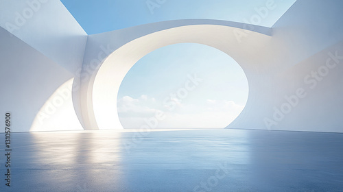 Fototapeta Naklejka Na Ścianę i Meble -  A white building with curved walls on the sea, a 3D rendering of an architectural design style