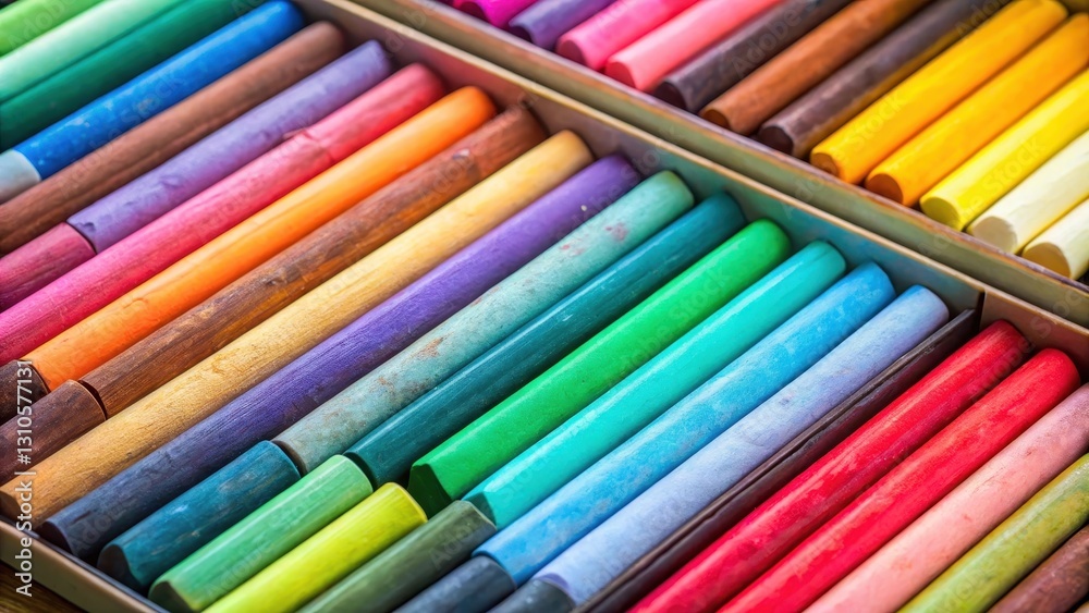 colorful chalk pastels in box close up, creative stationery colorful chalk pastels in box close up, creative stationery