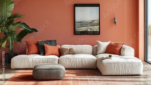 A cozy corner sofa bed with textured cushions and a matching ottoman, styled on a coral pink backdrop. 
