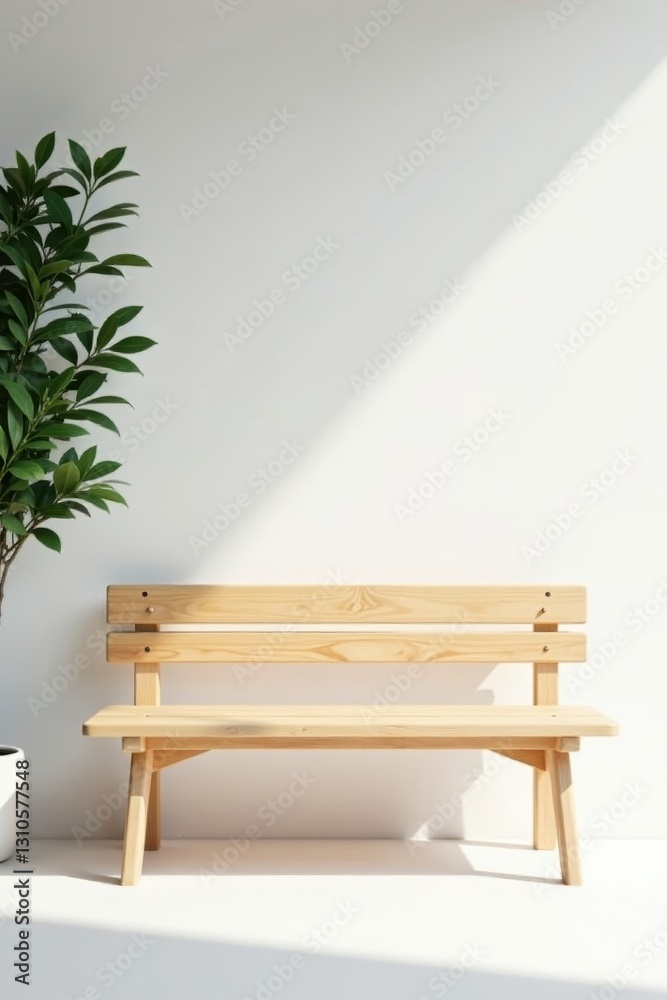 Clean, light-colored wooden bench against stark white , decor, minimal, bench Clean, light-colored wooden bench against stark white , decor, minimal, bench