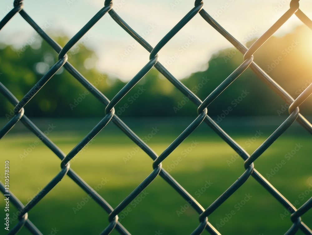 Close-up of a chain-link fence with sunlight shining on a grassy field in the background. Close-up of a chain-link fence with sunlight shining on a grassy field in the background.