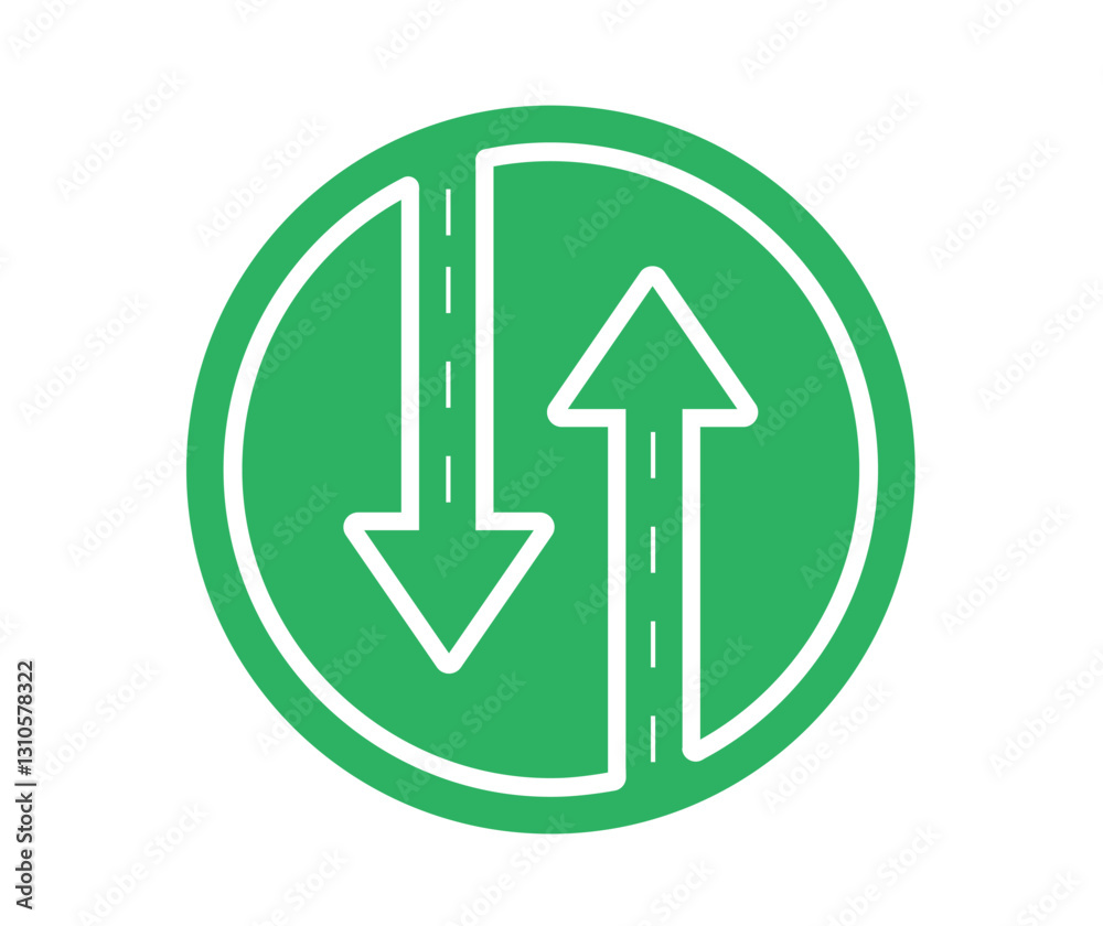 Two way traffic sign icon clipart. Two way road symbol clip art with up and down arrow with broken line in circle green board for vehicle traffic information vector illustration.
Two way traffic sign icon clipart. Two way road symbol clip art with up and down arrow with broken line in circle green board for vehicle traffic information vector illustration.