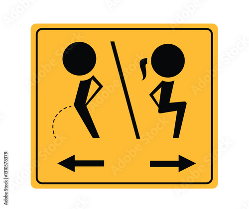 Male and female sign icon clipart. Men and women silhouette symbol clip art in yellow square signboard with left and right arrow for public toilet and bathroom vector illustration.
