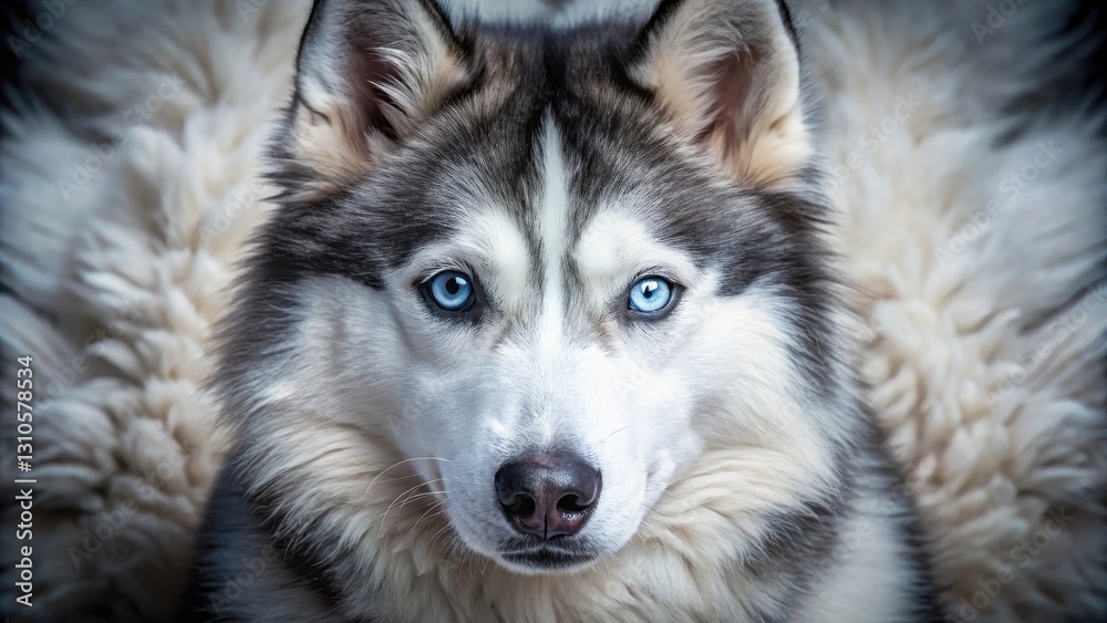 Detailed close-up portrait of a Siberian Husky's piercing blue eyes, surrounded by soft, fluffy fur and subtle facial features Detailed close-up portrait of a Siberian Husky's piercing blue eyes, surrounded by soft, fluffy fur and subtle facial features