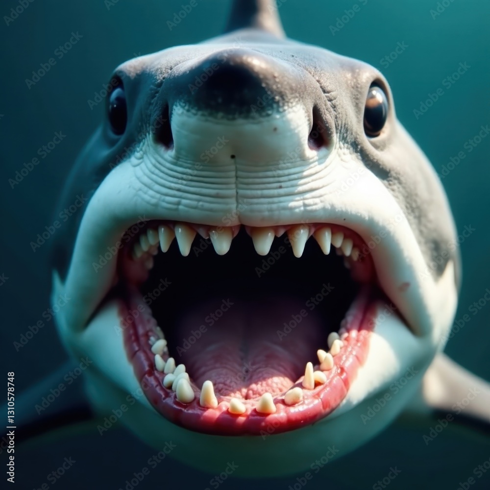 Naklejka premium Close-up, great white shark's serrated teeth, menacing grin, animal, shark teeth