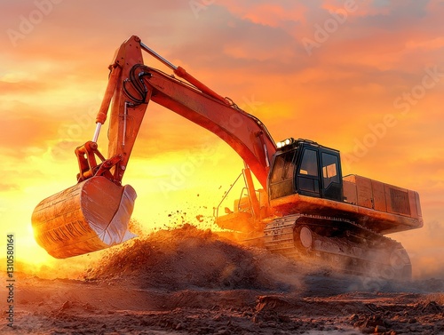 Excavator at sunset performing heavy digging work on construction site.