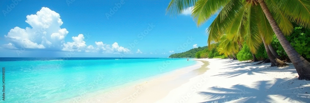 Fototapeta premium Azure water laps white sand beach, lush palms sway gently , carefree, relaxation, summer